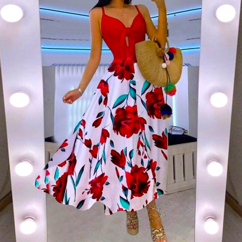 Tie Front V Neck Cami Floral Print Spaghetti Strap Button Down A-Line Ma…